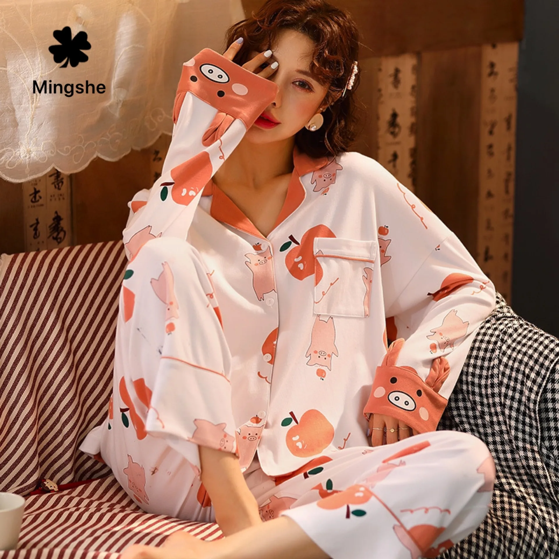 

MSAutumn and winter pregnant women pajamas sweet cute pig long sleeve suit fat mm large size cotton home service female students