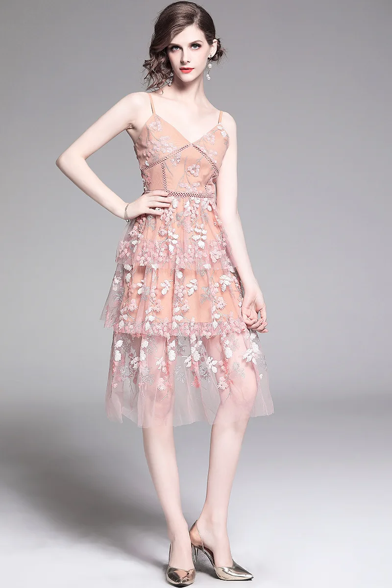 

Ozhouzhan 2019 Summer New Style Sequin Machine Embroidery Fairy Camisole Cascading One Piece Medium-length Dress