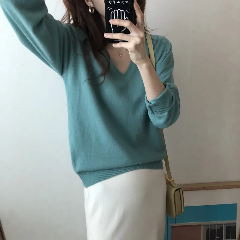 

Women Sweater Sexy V Neck Loose Full Sleeve Korean Style Chic Pullover Lazy Style Casual Autumn Knitted Tops Femme Elegant
