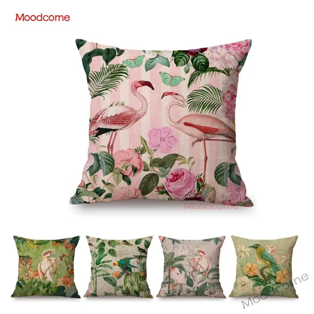 

Tropical Plant Leaves Flower Floral Flamingo Parrot Birds Sofa Decorative Pillow cover Square Rectangle Linen Car Cushion Cover