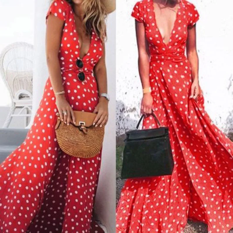 

Women’s Casual Vintage Boho Polka Dots Dress V-Neck Split A Line Long Dresses party Vocation Sundress Vestido