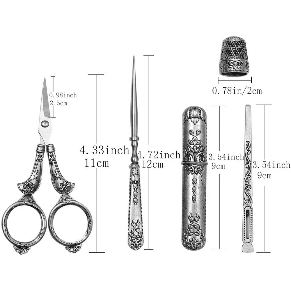 Antique-Sewing-Scissors-European-Vintage-Silver-Needle-Case-5-in-1-with-Scissors-Thimble-Punch-Embroidery (2)