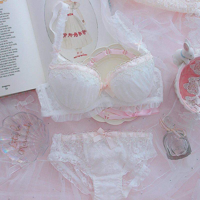 Sweet lace princess girl lingerie underpants heart cute lolita small chest gathered bra sexy bra steel ring lingerie with briefs
