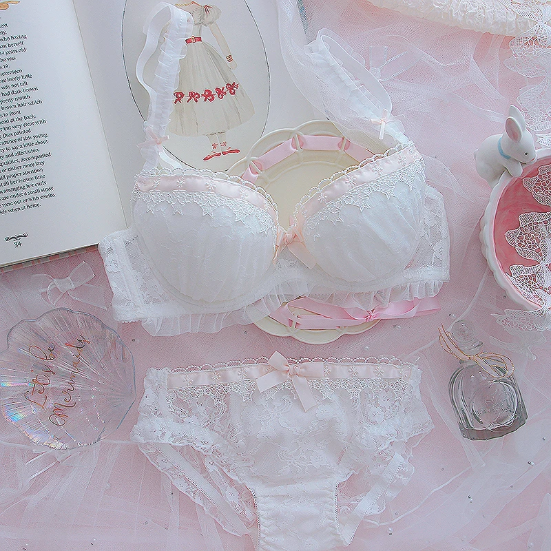 Sweet lace princess girl lingerie underpants heart cute lolita small chest  gathered bra sexy bra steel ring lingerie with briefs