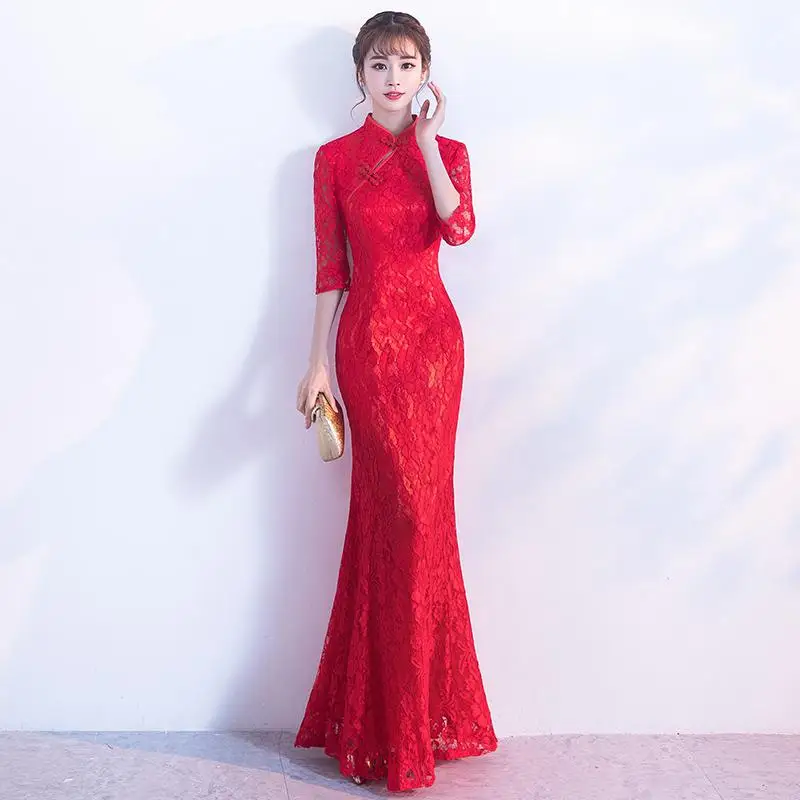 Изысканный женский китайский стиль Ципао Cheongsam сексуальное кружевное Труба Свадебное платье Элегантное Красное длинное платье с блестками Robe De Soiree - Цвет: Style 8