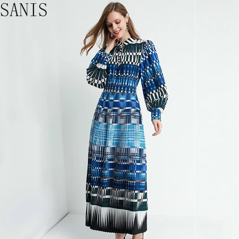 

SANIS 2020 Spring New Fashion Runway Print Luxury Pleated Dresses Women Single Breasted Empire Elegant Puff Sleeve Long Dress