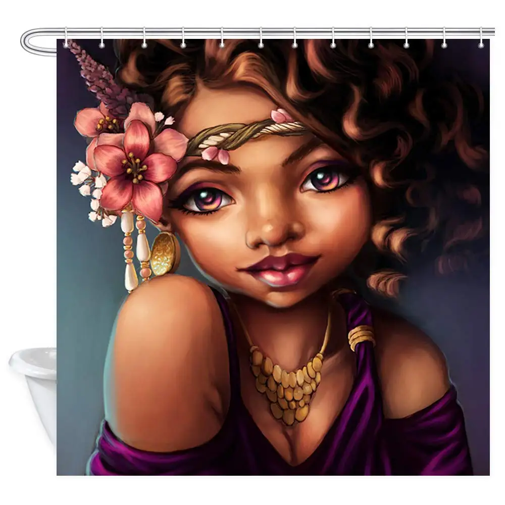 

African Woman Afro American Girly with Flower Headdress Premium Waterproof Fabric Bath Curtains