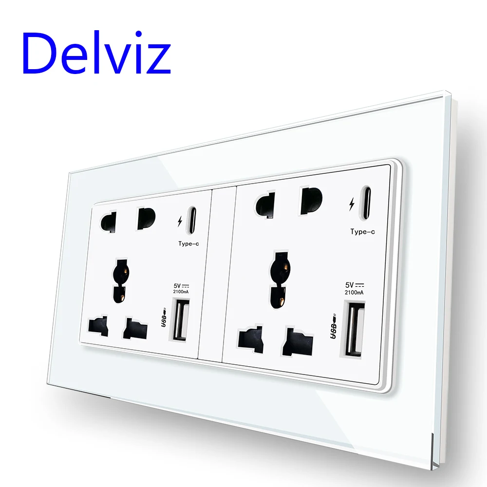 Delviz Type C Interface Socket, 2A USB Power port,Glass panel Wall Universal Dual Socket, 18W power 4A Smart Quick Charge Outlet