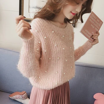 

Beaded Sweater Clothes Mohair Kawaii Woman Winter plush Cashmere Cute Autumn Plus Size Velvet Loose Korean Jumper Bright Silk