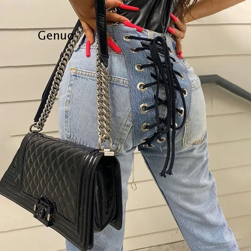 

2021 Women Spring Autumn Sexy Blue Low Rise Straight Leg Jeans Vintage Casual Streetwear Bandage Back Lace Up Denim Pencil Pants