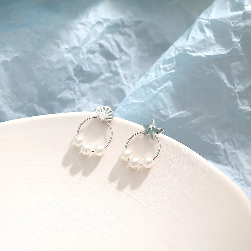 

Sweet Style Silver Color Small Blue Shell Starfish Earring Asymmetry Imitation Pearl Earring For Girl Student Kid Christmas Gift