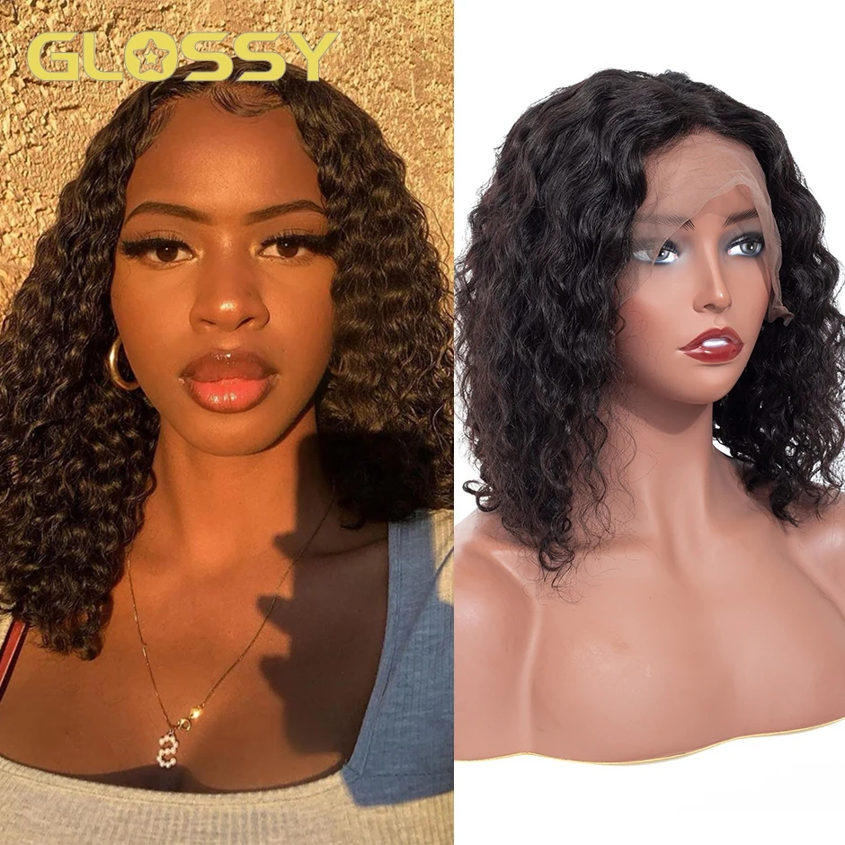 GLOSSY Short Bob Cut Deep Wave Human Hair Lace Front Wigs Glueless 13X4 Closure 4X4 Frontal 1B Natural Black 8 12 Inch Hair Wig