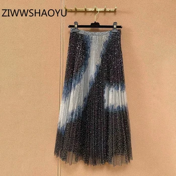 

Ziwwshaoyu High Quality Runway Women's Pleated Skirt Abstract Printing Sparkling Fashion Mesh Skirt Autumn New