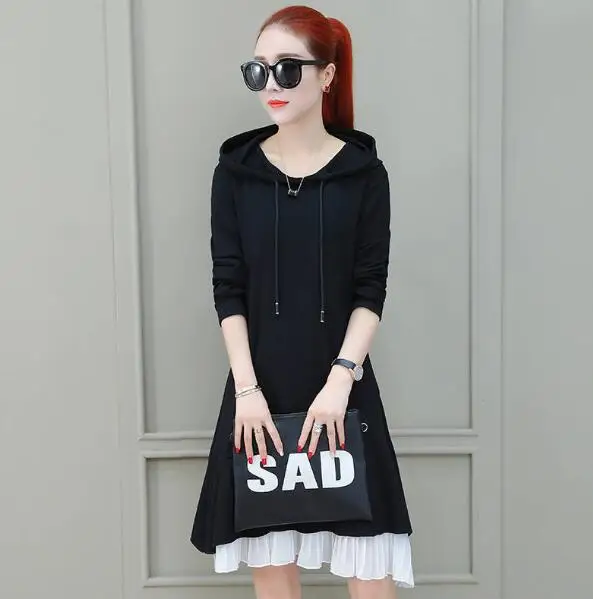 Hooded shirt ins over the knee  dress fishtail fake two pieces