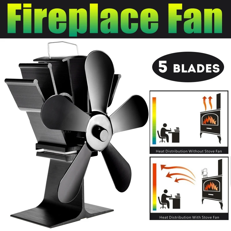 

5Blades Silent Stove Fan Fireplace Fire Heat Powered Saving Winter Christmas New