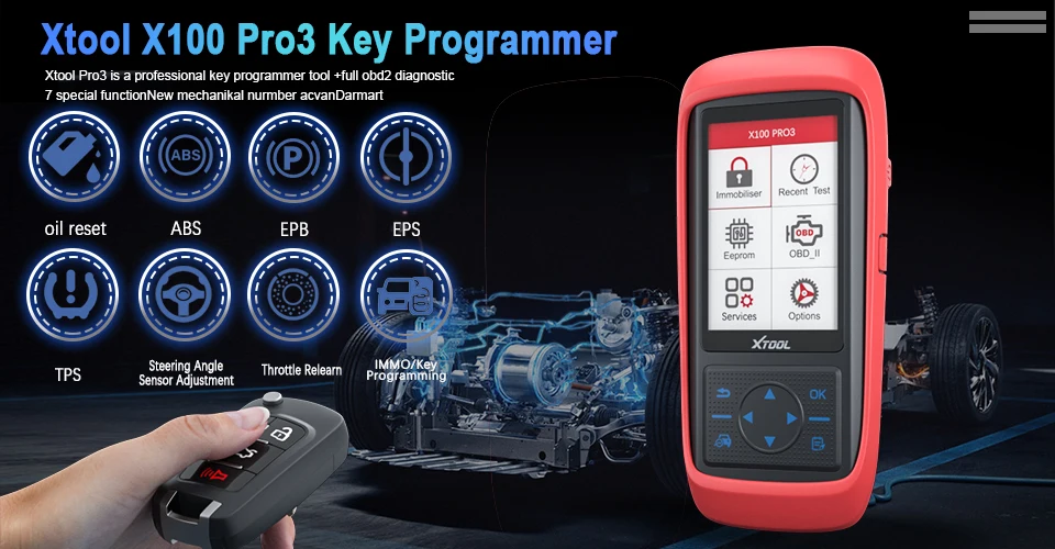 Xtool X100 Pro3 Auto Key Programmer with ABS SAS EPB Free Update OBD Diagnostic Read Fault Code OBD2 Scanner Oil/Service reset test car battery with multimeter