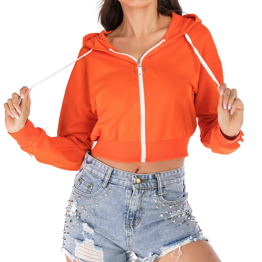 

Solid Orange Autumn Sweatshirts 2019 Women Long Sleeve Zipper Hooded Drawstring Hoodies Loose Overall Short Sweatshirt Tops