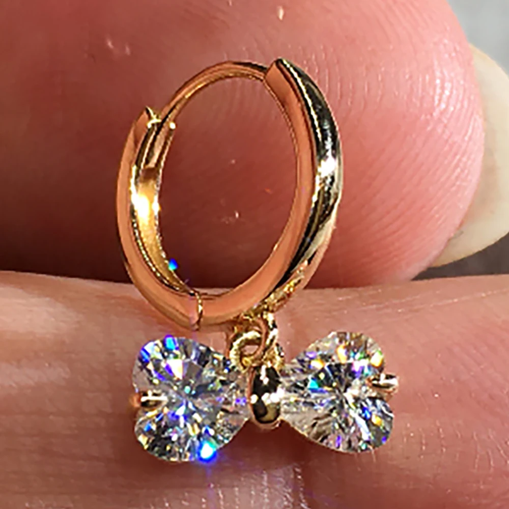 Custom Solid 14K Yellow Gold Women Drop Clip Hoop Earrings Moissanite Diamonds Heart Bow Wedding Party Engagement Anniversary