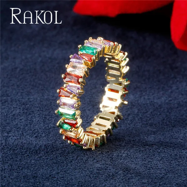 RAKOL, новинка, модное, роскошное, очаровательное, AAA, багет, кубический цирконий, обручальное кольцо для женщин, многоцветная, Т-образная форма, Cz камень, вечерние ювелирные изделия - Цвет основного камня: Multicolor Gold