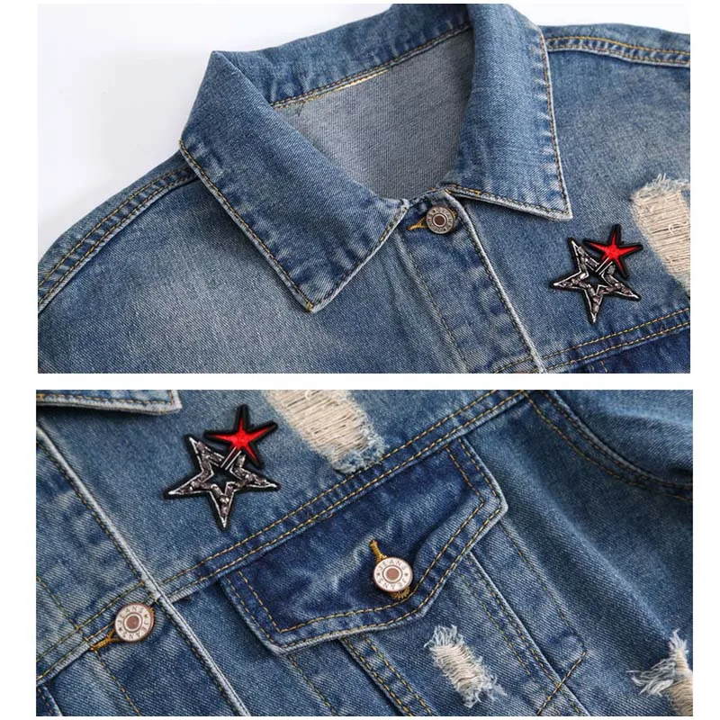 BF Harajuku свободная рваная джинсовая куртка 4Xl 3Xl женские джинсы с вышивкой и блестками пальто уличная джинсовая куртка с дырками повседневные топы