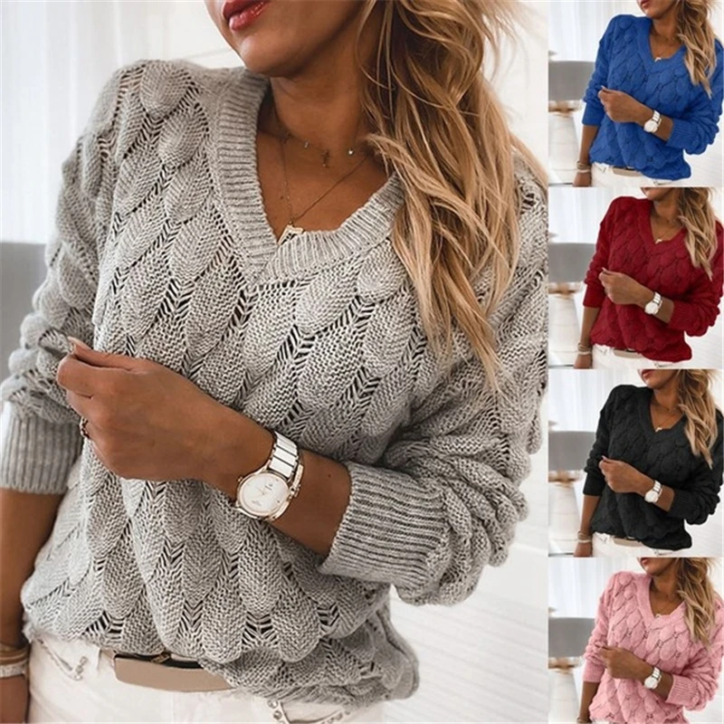 

Women Knitted Sweater Autumn and Winter Warm Solid Color V Neck Long Sleeve Hollow Out Pullover Top Cover-Ups