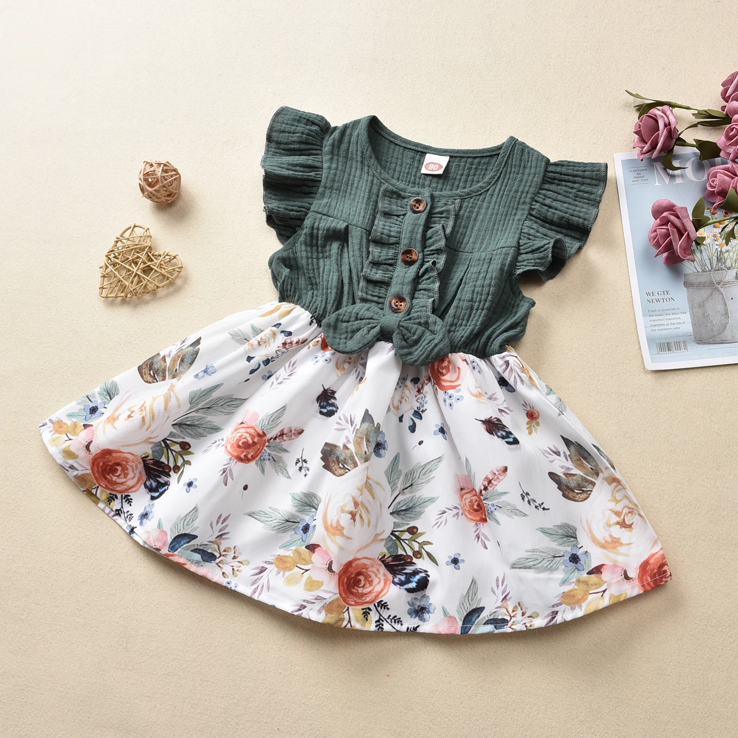 Summer Kids Dress 0-4Y Toddler Baby Girl Button Green Ruffle Floral A-line Cotton Clothes Party Sundress | Детская одежда и обувь