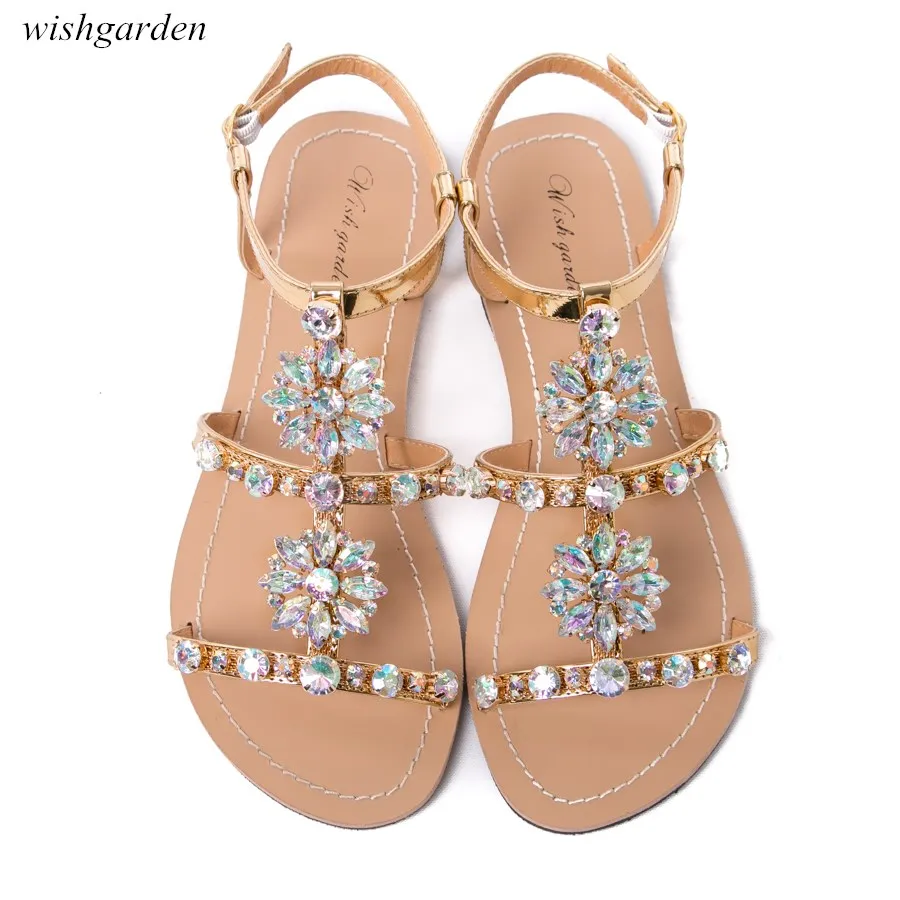 Alonea Fashion Women Bohe Rhinestone Fashion Flat Large Size Casual Sandals Beach Shoes