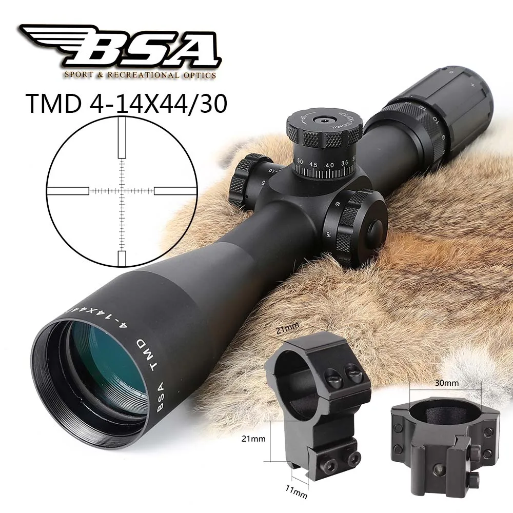 with Dovetail Rings BSA TMD 4-14X44 первый фокальный самолет FFP винтовки прицелы боковой Параллакс стекло гравированное Сетка Охота Тактический стрельба прицел - Цвет: with Dovetail Rings