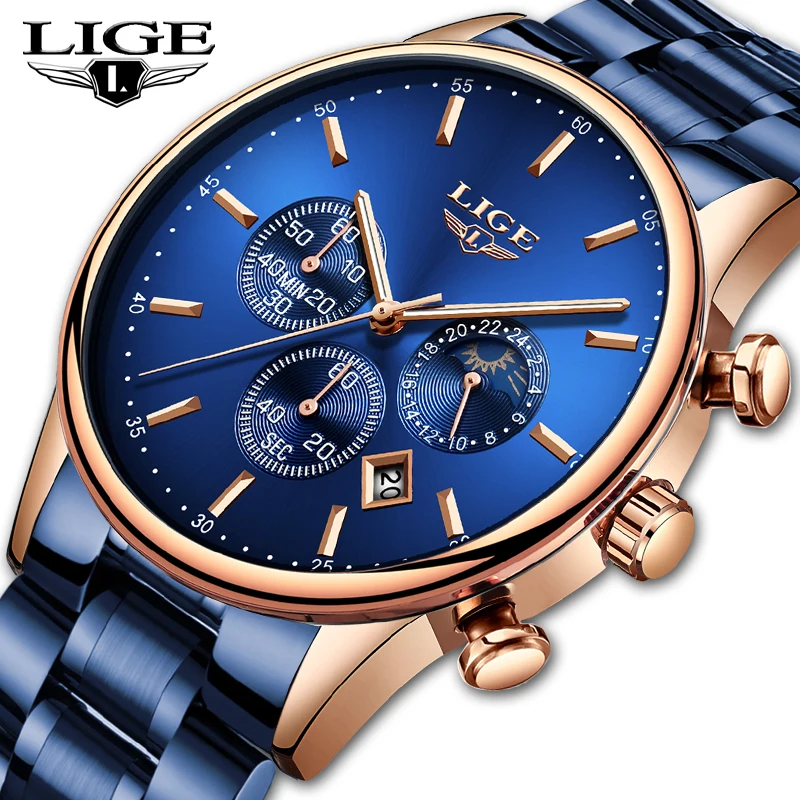 

LIGE Luxury Brand Sport Quartz Watches Men Luminous Hands Chronograph Waterproof Fashion Stainless Steel Watch Relogio Masculino