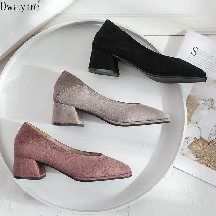 

Suede Retro Grandma Shoes Korean Shallow Mouth Fashion Square Heel Single Shoes Elegant High Heels Simple Comfort Women's Shoes