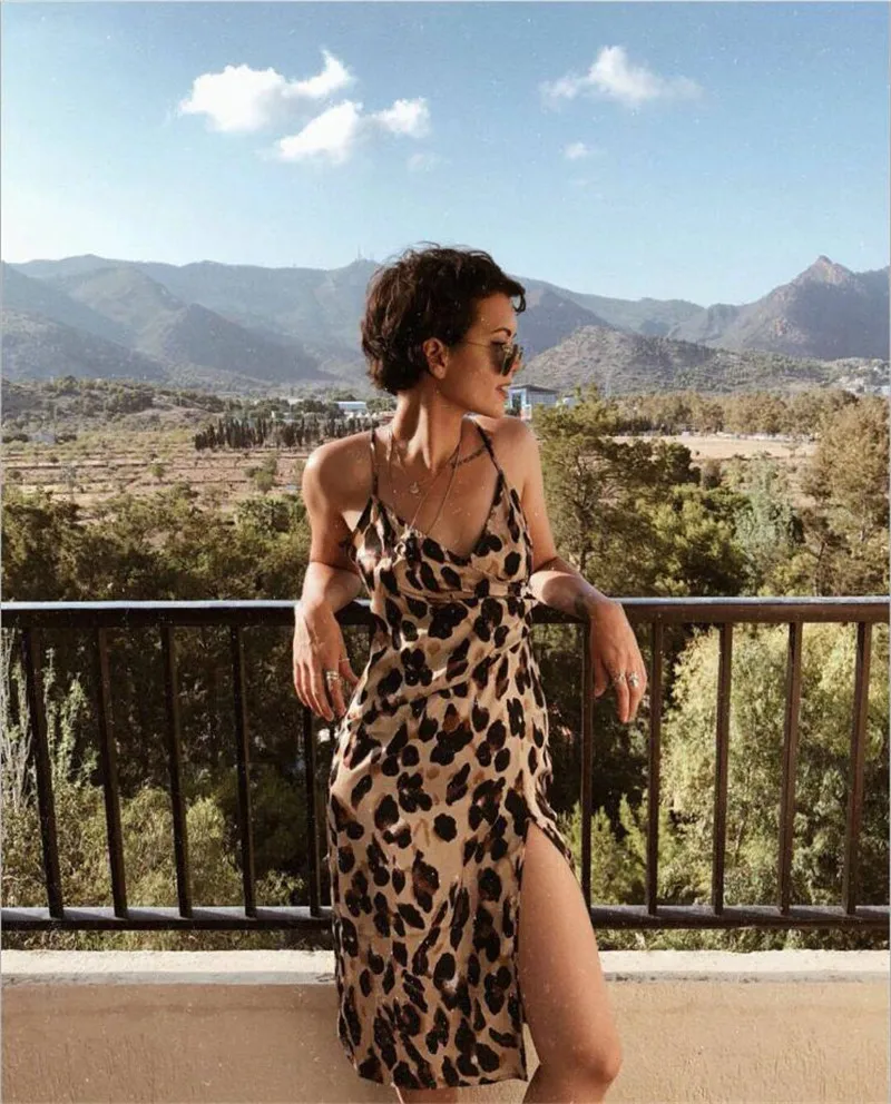 

Women Sling Dress for Streetwear Patchwork High Split Design V-Neck Sleeveless Backless Spot Print Dress Lady Slim Party Dress