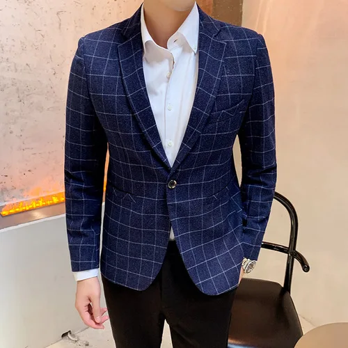 Осень-зима мужской пиджак, жакет цвет: черный, синий серый Slim Fit Для мужчин платье куртки Размеры S M L XL XXL XXXL решетки Бизнес костюм Для мужчин пальто - Color: Blue