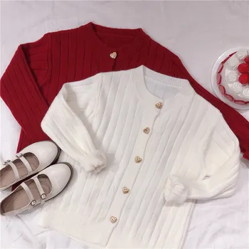 

Autumn Winter Preppy Style Girl Sweet Lolita Knitted Sweater Women Fresh Heart-shaped Buttons Cardigan Overcoat White Red