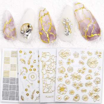 

1pcs Gold Bronzing 3D Nail Sticker Flower Wave Line Designs Adhesive Metallic Stickers Charm Nail Art Decal Manicure Decorations