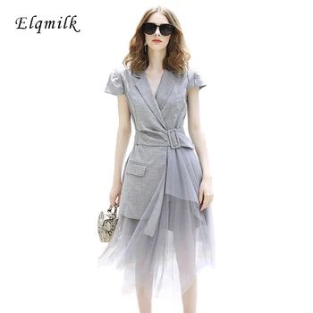 

2019 Spring Woman Gray Color Sleeveless Single Button Turn-down Collar Asjustable Waist Spliced Mesh Dress
