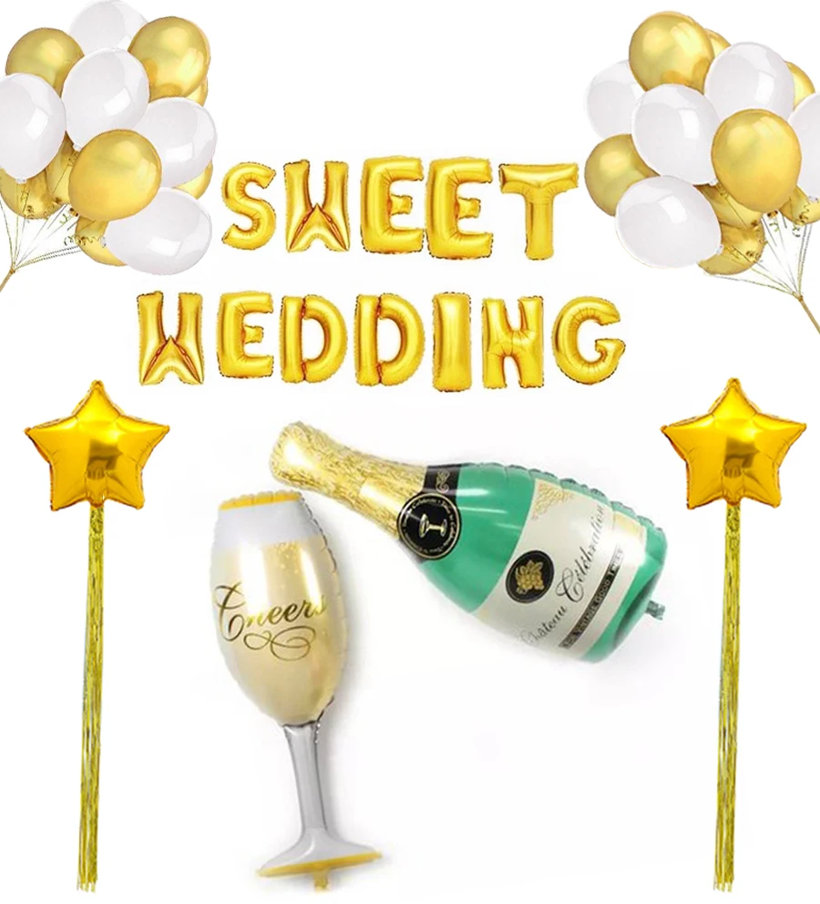 1 Set Sweet Wedding Decoration Kit Gold Foil Balloons Star with Tinsel Latex Champagne for | Дом и сад