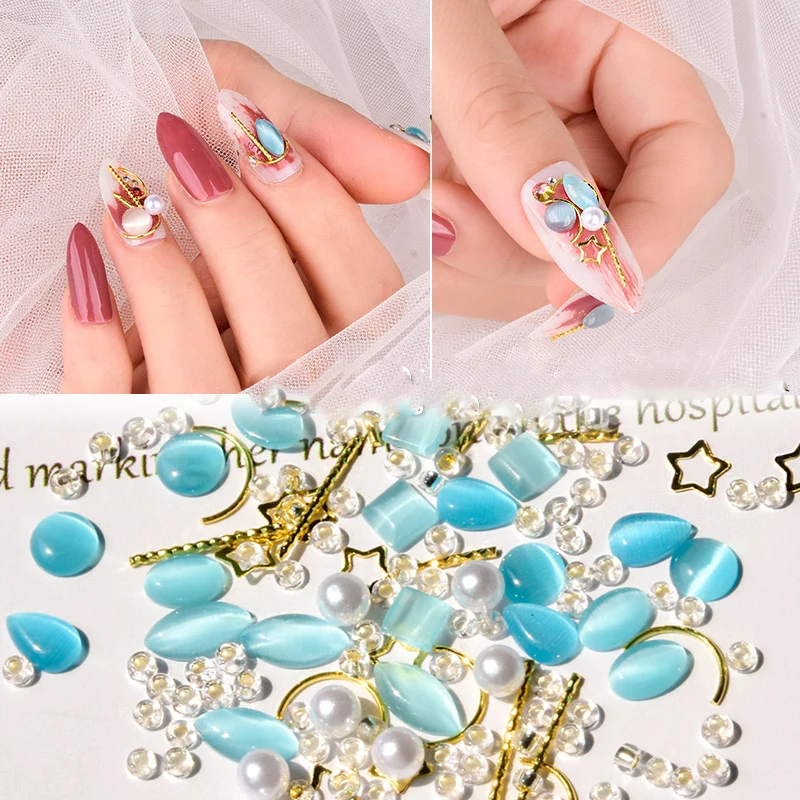 

1 Box Mixed 3D Nail Rhinestones Metal Studs Rivets Cat Eyes Stone Nail Art Decorations Charm Pearls Glitter Manicure Accessories
