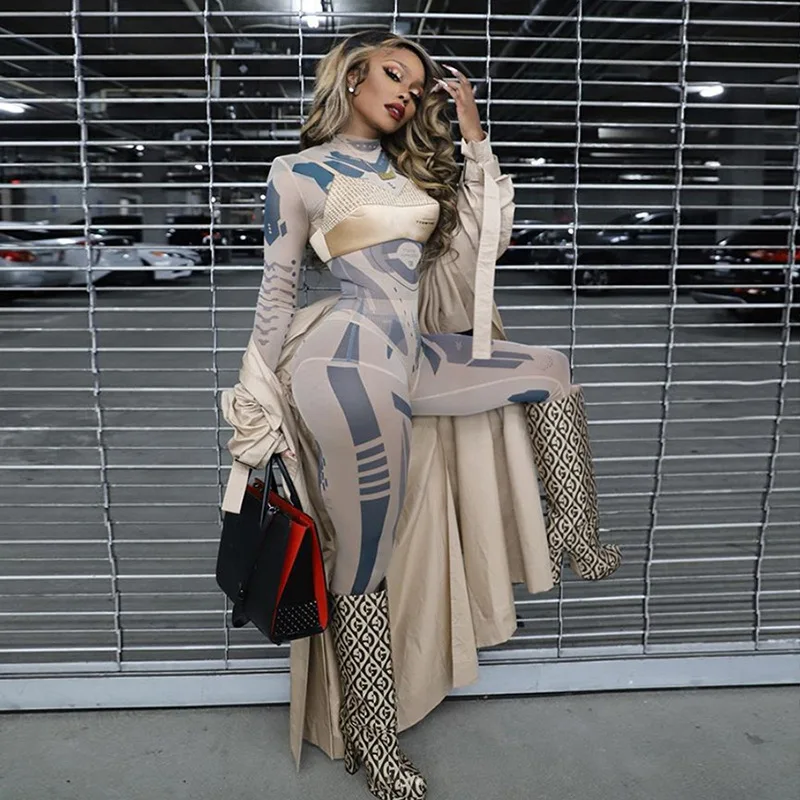 

Sexy Mesh SeeThrought Printing Party Clubwear Hot 2020 New Fashion Long Sleeves One-piece Garment and Trouser 2 Piece Sets Women