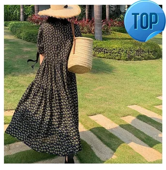 

Print Dress Summer For Women Long Sleeve High Waist Hollow Out Midi Dresses Female Fashion 2020 New