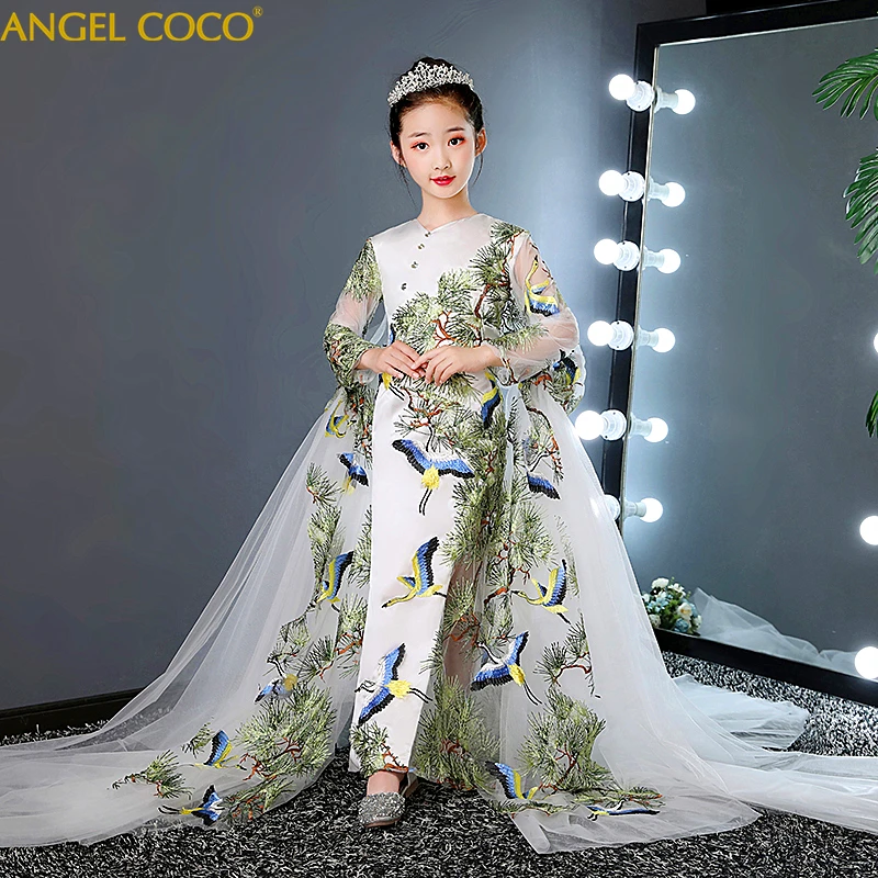 

Girl Dress Kids Dresses For Girls Satin Embroidery Weddings Pageant Princess Costume Long Elegant Lace Sleeves Girl Party Dress