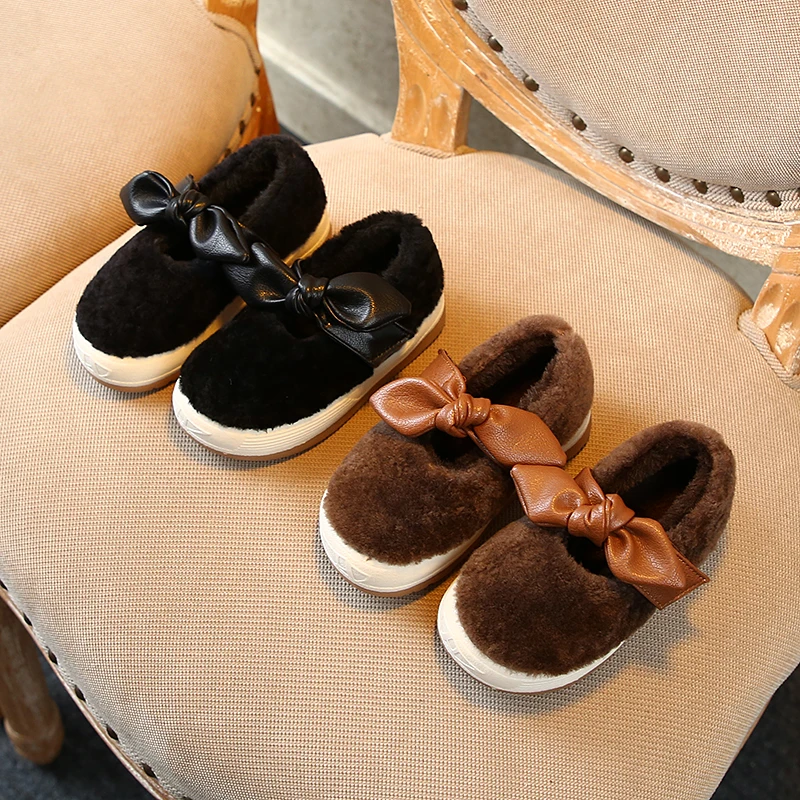 Winter Kids Cotton Shoes Plush Keep Warm Cute Bow Flat Girls Sneakers Fashion Solid Color Children Girls Snow Boots Black SX342