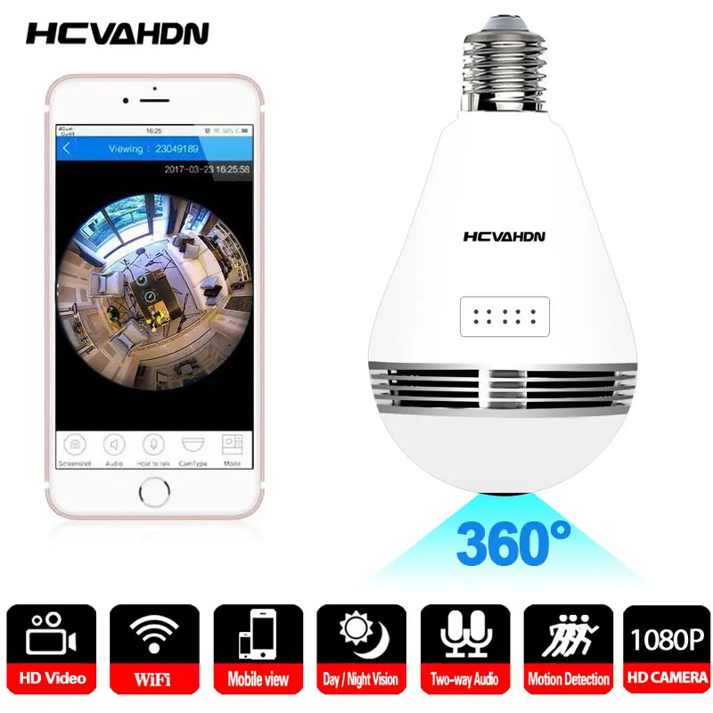 

1080P Panoramic 360 Degree Bulb Light IP Wireless Wifi FishEye Lens Lamp Video Surveillance Camera Indoor Home Security Cameras