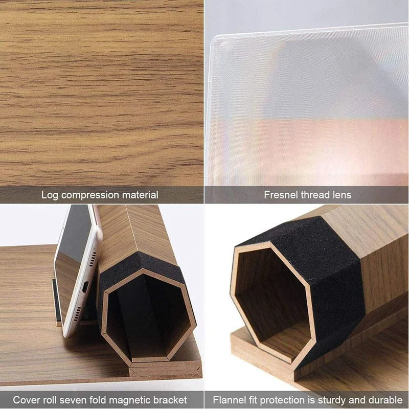 12 inch Hd Screen Magnifier Solid Wood Grain Foldable Mobile Phone Screen Suitable for Watching Movie Videos on All Smartphones