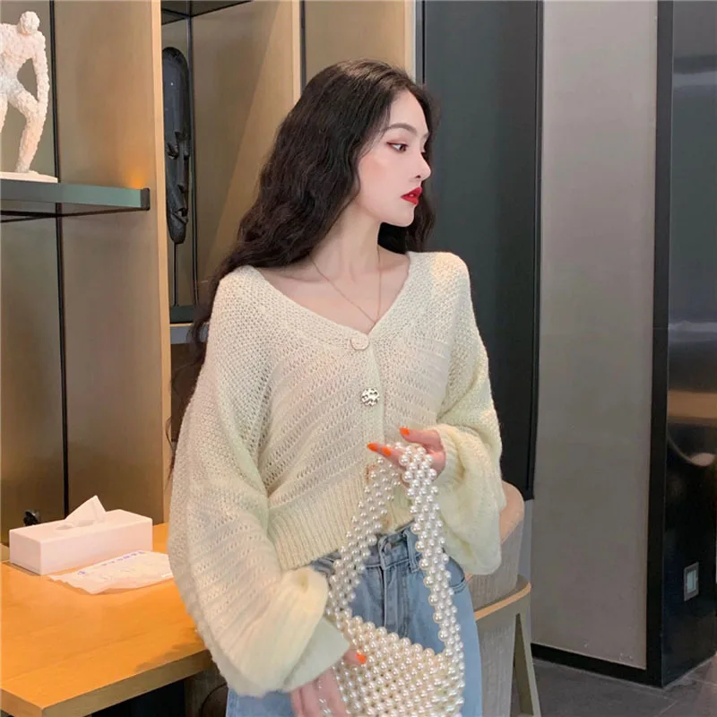 Женский кардиган свитер тонкий корейский длинный рукав свободный студенческий свитер v-образный вырез ажурный трикотаж топы женские GD062