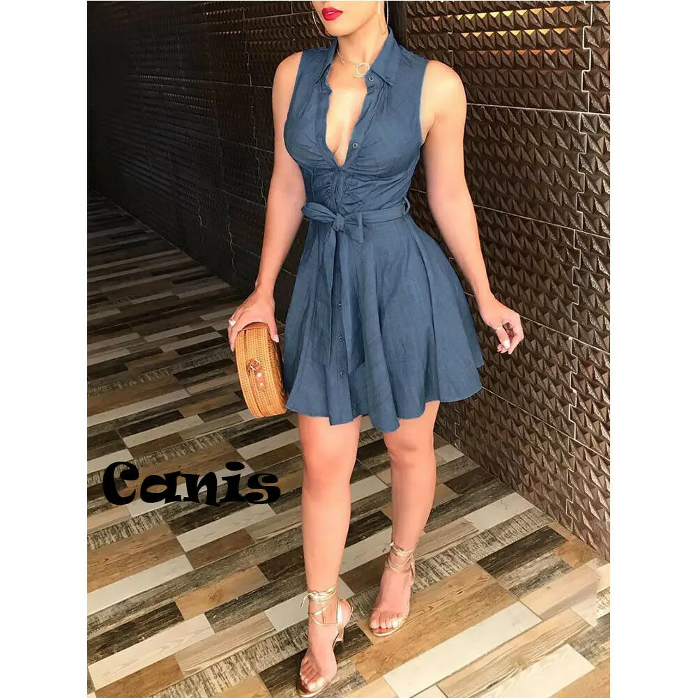 

Sexy Women Deep V Neck Sleeveless Bowknot Dress Club Party Denim Bodycon Dress