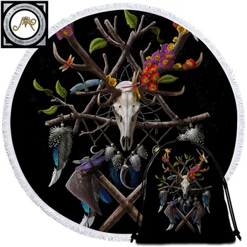 

Skull Black by Sunima-MysteryArt Round Beach Towel for Adult Tribal Skull Axe Microfiber Large Towel Gothic Green Picnic Mat