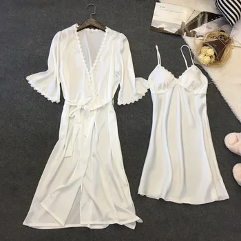 

Summer Women Pajamas Set Faux Silk Robe Gown Set Satin Silk Sexy Lace Sling 2 Peices Women Sleepwear Pajamas Bathrobe with Chest