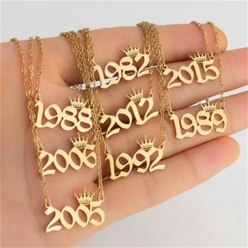 Ladies Golden Stainless Steel Year Number Necklace Unique Design Birthday Headdress Crown 1984 1994 1996 2002 Gift | Украшения и
