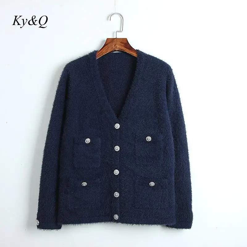 Brand Design Women Luxury Mink Cashmere Knit Coat 2020 Spring New Loose Four Pockets Single Breasted V-neck Cardigan Sweater |
