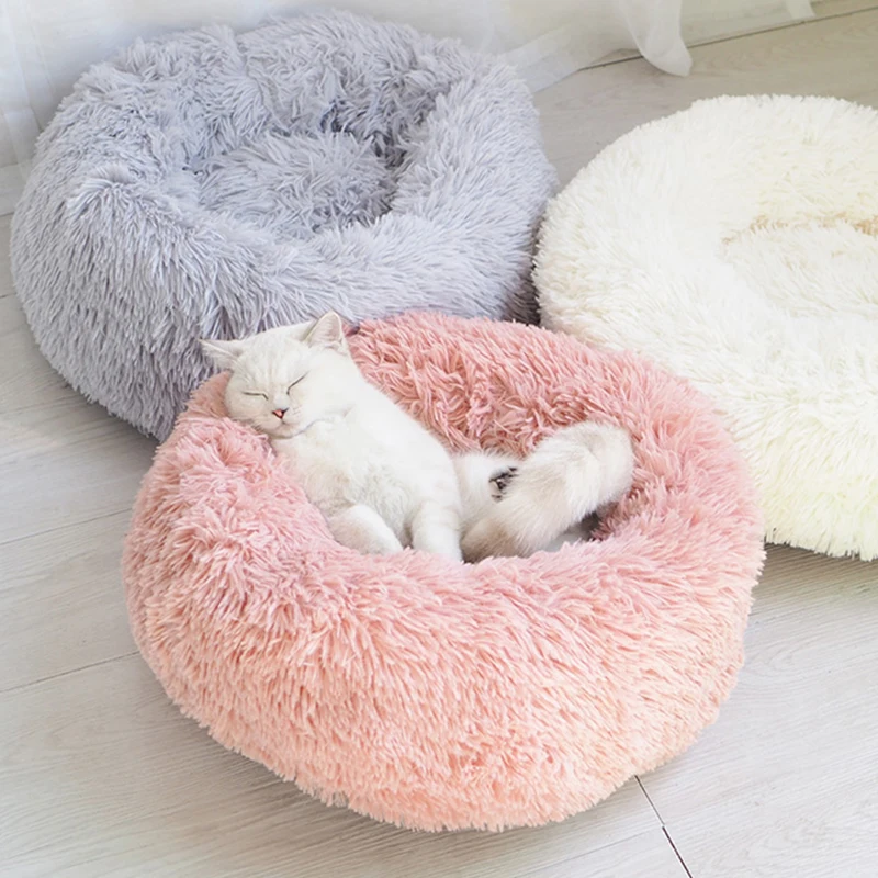  Long Plush Cat Bed House Soft Pet Dog Bed Round Cats Nest Winter Warm Sleeping Cushion Puppy Mat Po